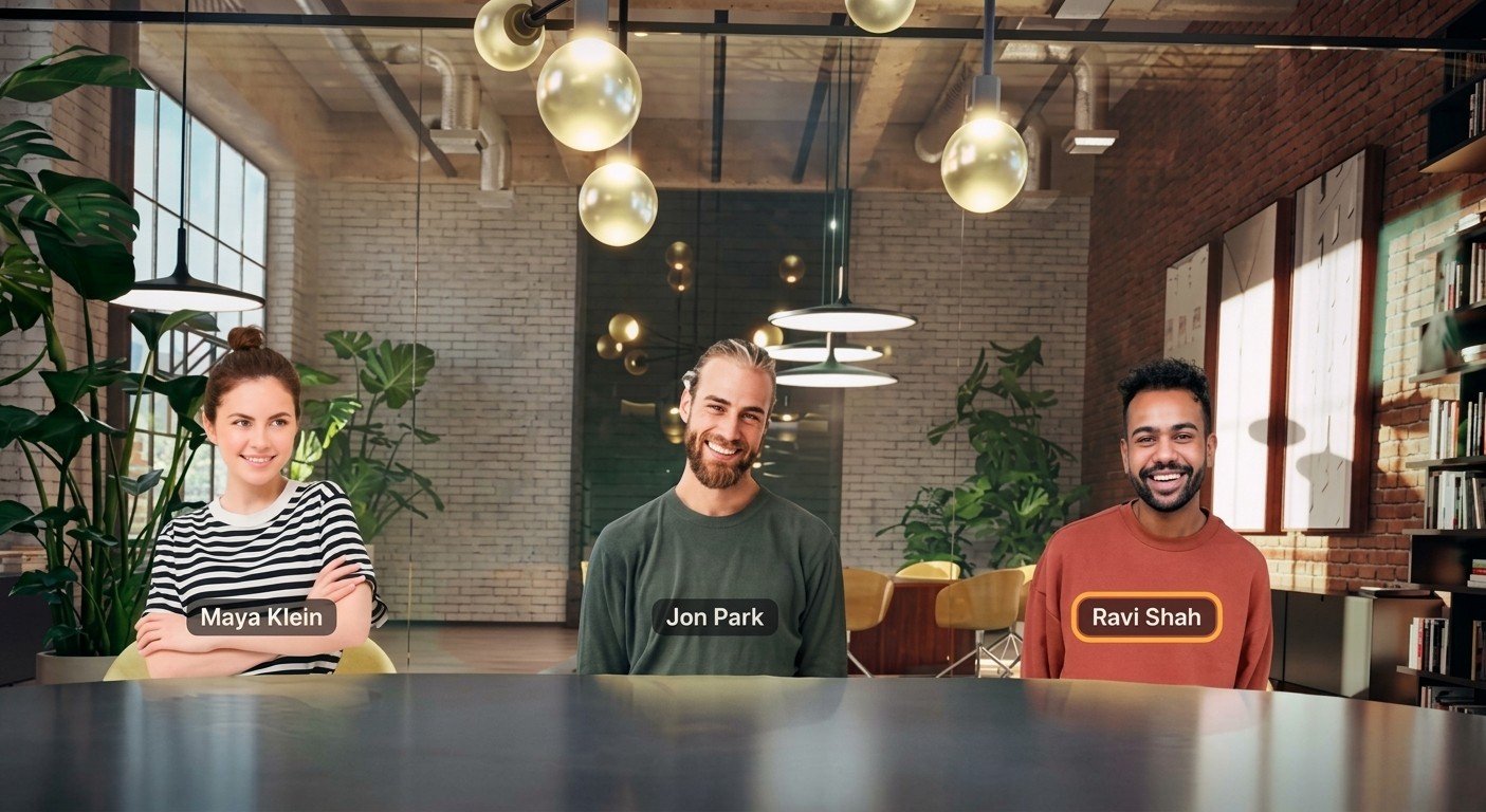 A HOLOH meeting in a 3D room: three people on camera at one table
